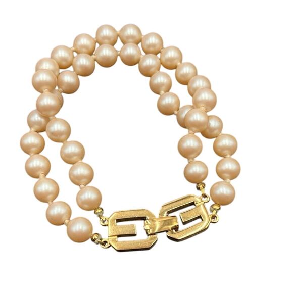 Givenchy Signed Double Strand 6mm Faux Pearl Gold Tone Logo Clasp Bracelet 1977